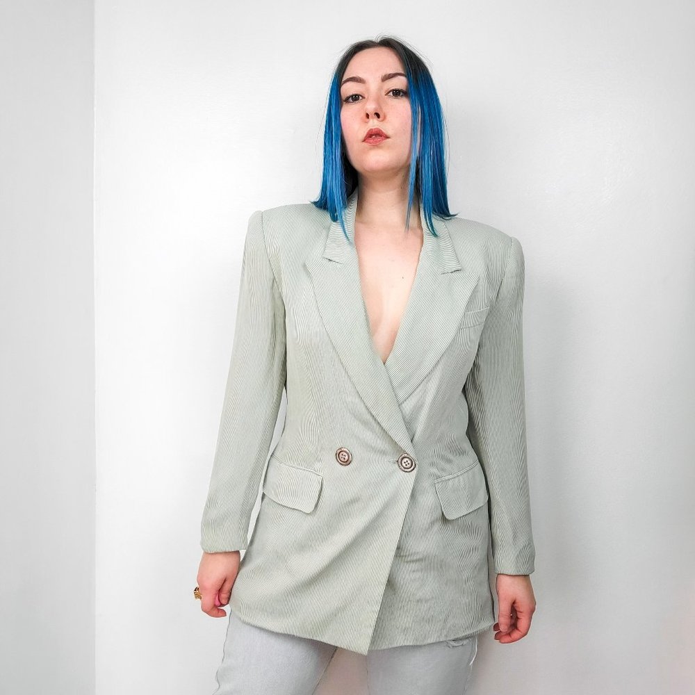 Vintage 80s/90s Sage Green Pinstripe Blazer Jacket - Picture 2 of 8